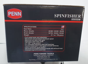 Penn Spinfisher 850 SSM metal body Reel Specifications. Gear Ratio 4.6 to 1, Mono Capacity 30lb at 250 Yards, Braid Capacity 65lb at 440 Yards