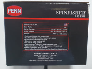 Penn Spinfisher 750 SSM metal body Reel Specifications. Gear Ratio 4.6 to 1, Mono Capacity 25lb at 260 Yards, Braid Capacity 65lb at 340 Yards